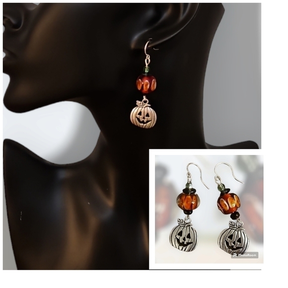 HANDMADE Halloween Lampwork Glass Beaded Pumpkin Dangle Earrings - Picture 1 of 4